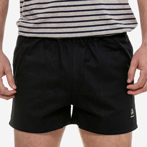 Front view of men's cotton navy rugby short with elastic waistband and deep side pockets.