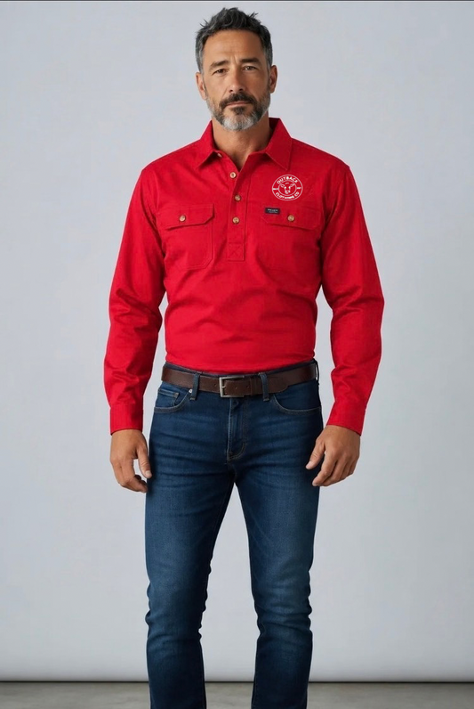 The Fitzroy Men’s Long Sleeve Cotton Half-Button Work Shirt – Red