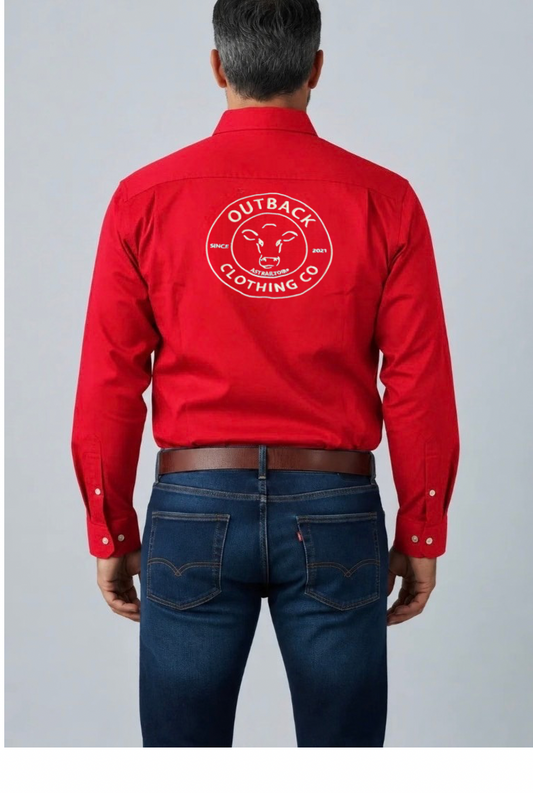 The Fitzroy Men’s Long Sleeve Cotton Half-Button Work Shirt – Red
