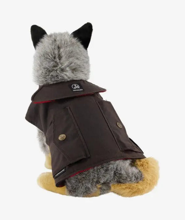 Back view of genuine oilskin dog coat with wool lining