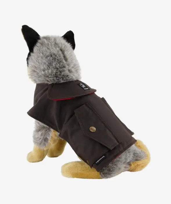 Back view of genuine oilskin dog coat with wool lining