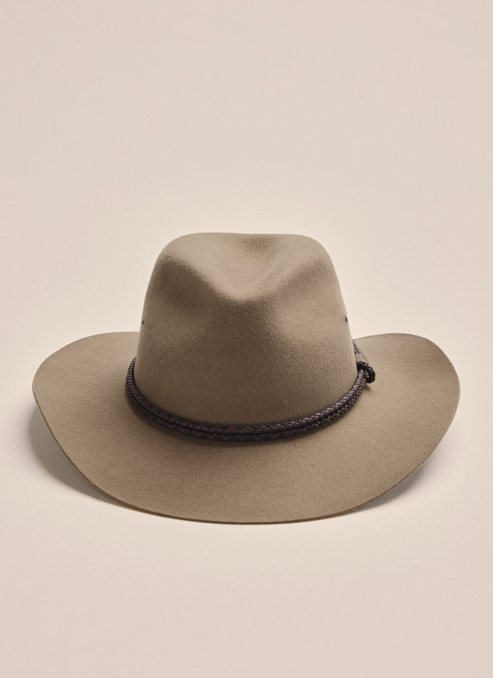 Front view of Kidman Drover Hat in Brown, showing braided leather band and structured crown