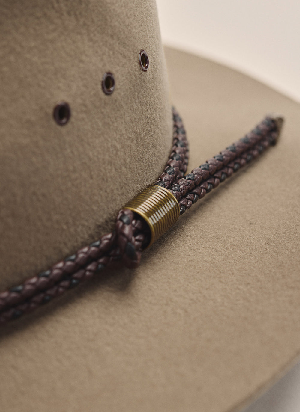 Side profile of Kidman Drover Hat in Brown, highlighting wide brim and soft leather sweatband