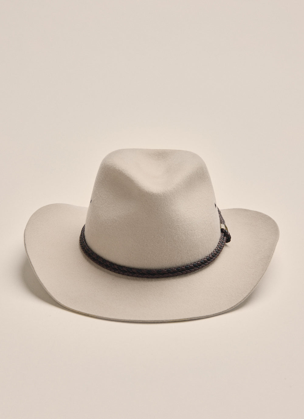 Front view of Kidman Drover Hat in Stone, featuring braided leather band and structured crown