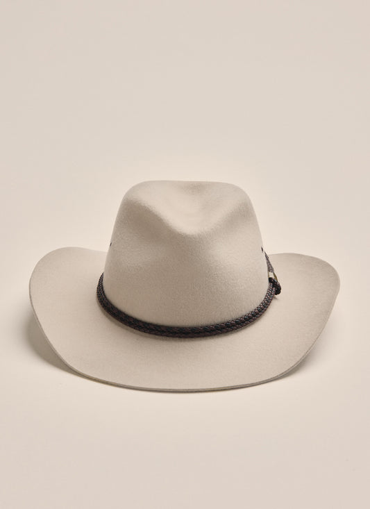 Front view of Kidman Drover Hat in Stone, featuring braided leather band and structured crown