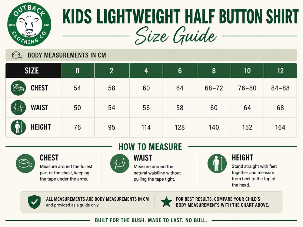 A size guide table for Outback Clothing Co. Kids Half Button Shirt, showing measurements in centimeters for size 0 to 12, with chest, waist, and height columns and a 'How to Measure' section below.