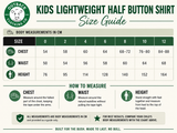 A size guide table for Outback Clothing Co. Kids Half Button Shirt, showing measurements in centimeters for size 0 to 12, with chest, waist, and height columns and a 'How to Measure' section below.