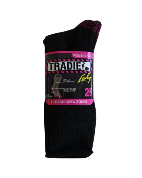 Tradie Women’s Cotton Crew Socks 2-Pack retail packaging in black with product features highlighted
