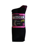 Tradie Women’s Cotton Crew Socks 2-Pack retail packaging in black with product features highlighted