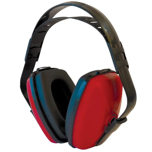 Maxisafe HBE635 MaxiMuff Ear Muffs featuring Class 5 noise reduction with soft foam ear cushions and adjustable headband – ideal for worksite and farm use. Colour: Black/Red.