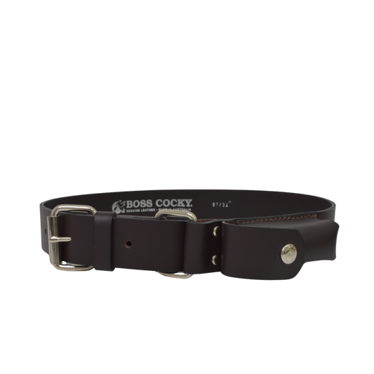 Boss Cocky Stockman Belt BL77DB – close-up of solid brass buckle and embossed Boss Cocky logo