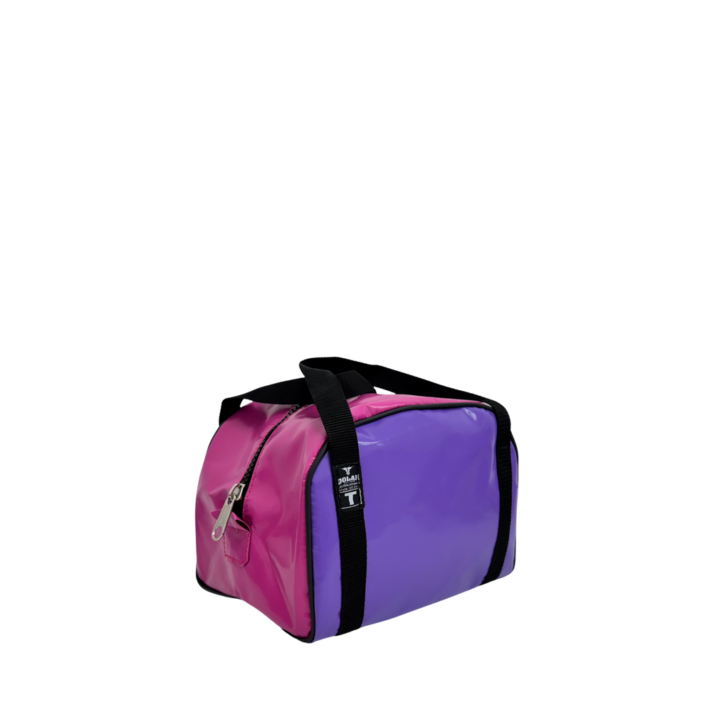 Dolan’s Toiletries Gear Bag DE316 – regular size canvas toiletry bag with zip closure, front view, pink and purple