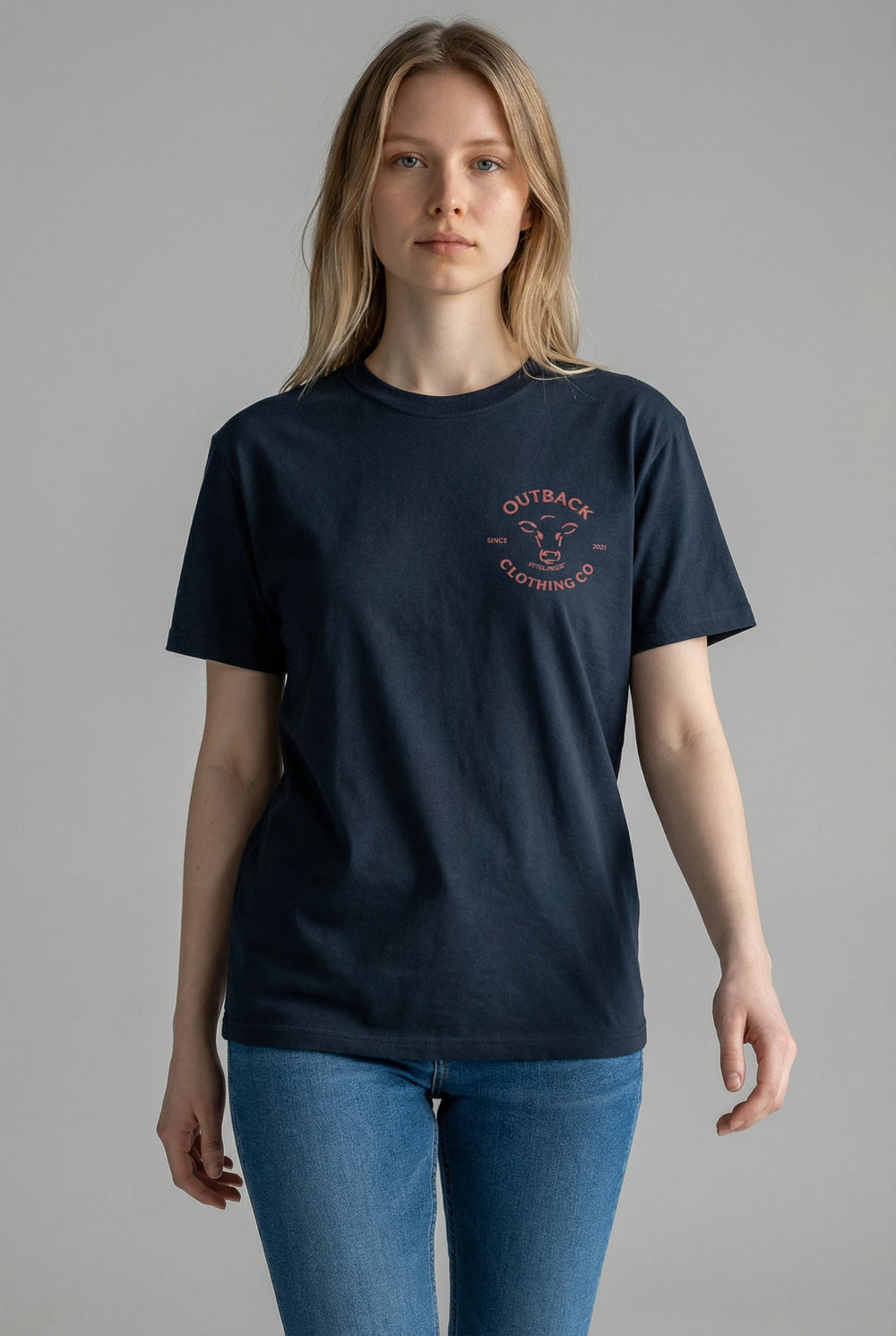 Person wearing a black t-shirt with a OCC logo on the right breast.