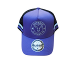 Side view of purple kids trucker cap with purple and white side stripe, white logo embroidery, and black mesh back by Outback Clothing Co.