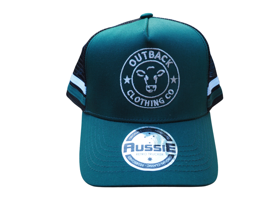 Emerald green kids trucker cap front view with white Outback Clothing Co logo and silver sticker, black mesh back, and snap closure.