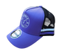 Side view of purple kids trucker cap with purple and white side stripe, white logo embroidery, and black mesh back by Outback Clothing Co.