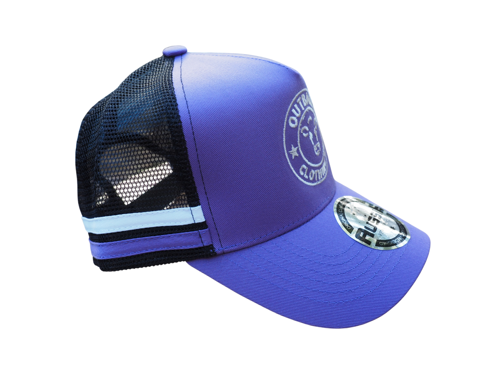 Right side view of purple kids trucker cap with purple and white side stripe, white logo embroidery, and black mesh back by Outback Clothing Co.