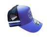 Right side view of purple kids trucker cap with purple and white side stripe, white logo embroidery, and black mesh back by Outback Clothing Co.