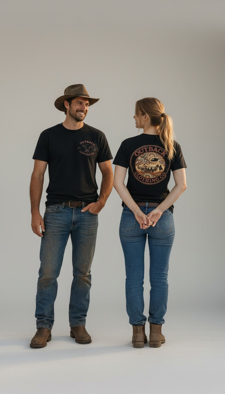 Male and female models wearing the black Outback Clothing Co OCC Muster Tee showing the front chest logo and large back artwork.