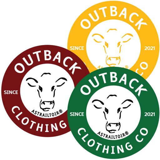hree round stickers in Outback Ochre, Sunbaked Gold, and Ironbark Green by Outback Clothing Co, perfect for ute windows, water bottles, and eskies.
