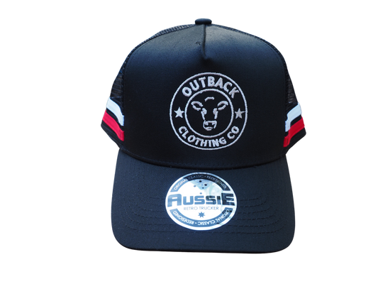 Front view of black kids trucker cap with white Outback Clothing Co logo, red and white side stripes, and silver retro trucker sticker.