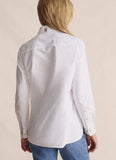 Back view of S.Kidman Lennard Long Sleeve Shirt in White – extended back tail with double-stitched seams and back yoke pleats.