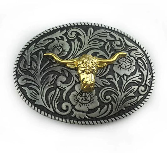 Floral Western Bull Head Belt Buckle