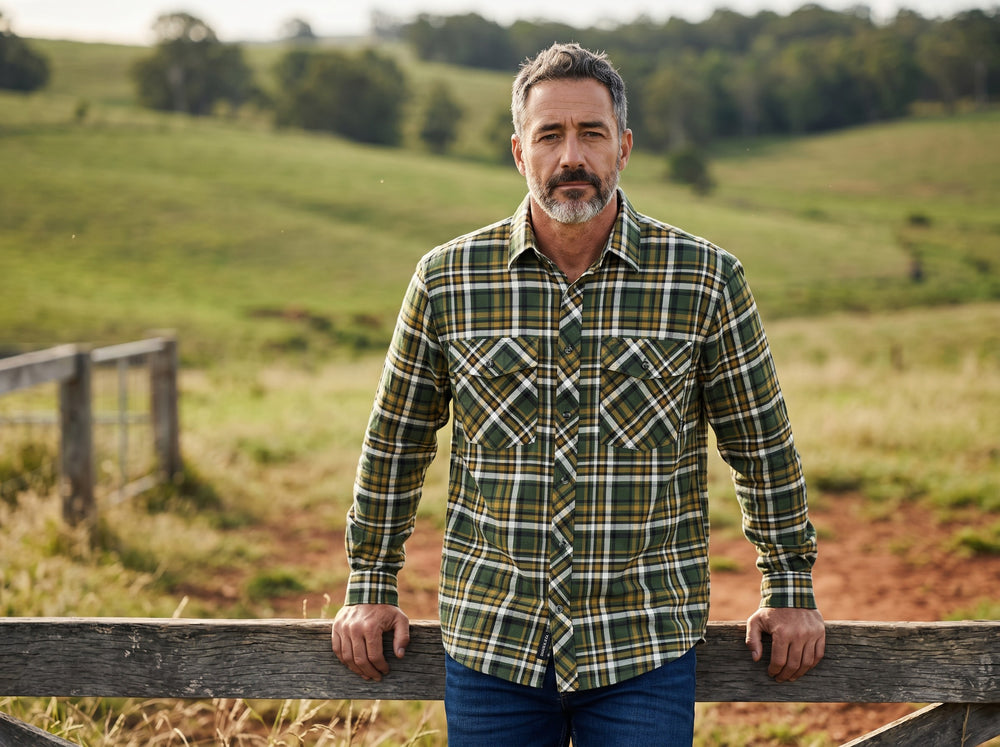Man wearing Swanndri Egmont Olivegrove brushed cotton flannel shirt outdoors in rural Australia