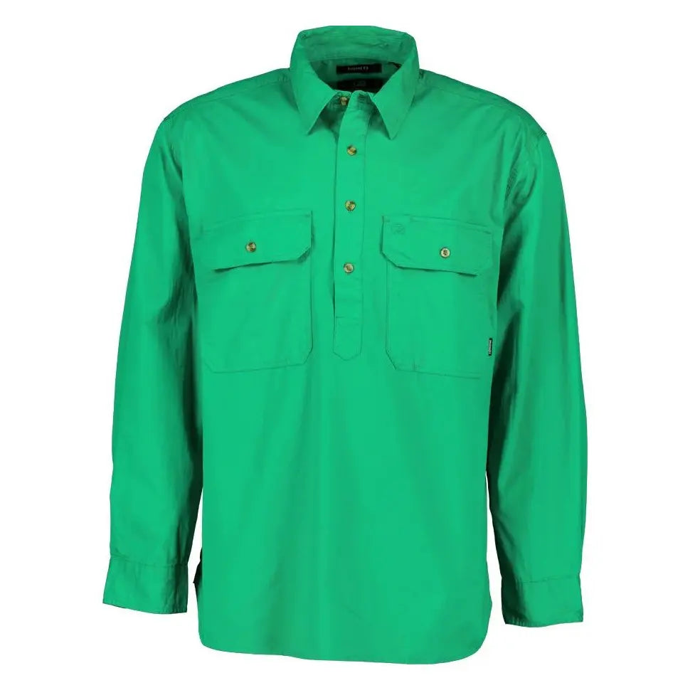 Functional chest pocket on men's half-button shirt, perfect for storing small essentials.