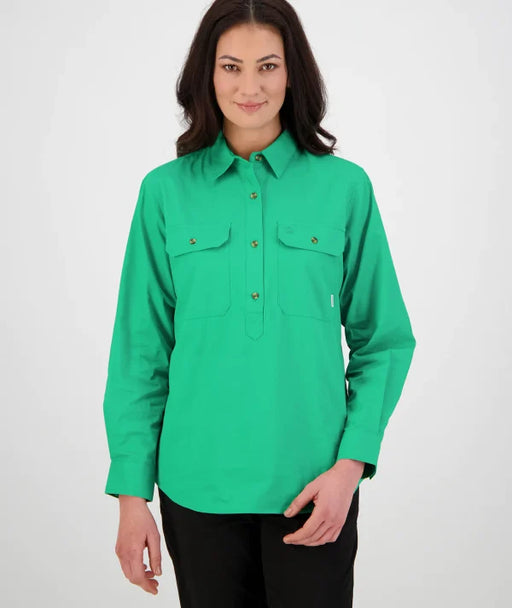 Women's green half-button long-sleeve casual shirt by Outback Clothing Co – relaxed fit with roll-up sleeves for versatile styling