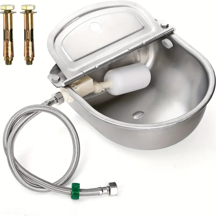 pet and livestock water bowl outdoors, showing float valve and connector