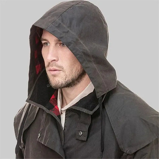Side profile of man wearing Swanndri Baxter Hood with jacket