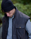 Wool-lined collar and swanndri leather badge detail on Levels Oilskin Vest SSD2802