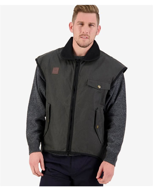 Front view of Levels Oilskin Vest SSD2802 showing waxed cotton outer and YKK two-way zip