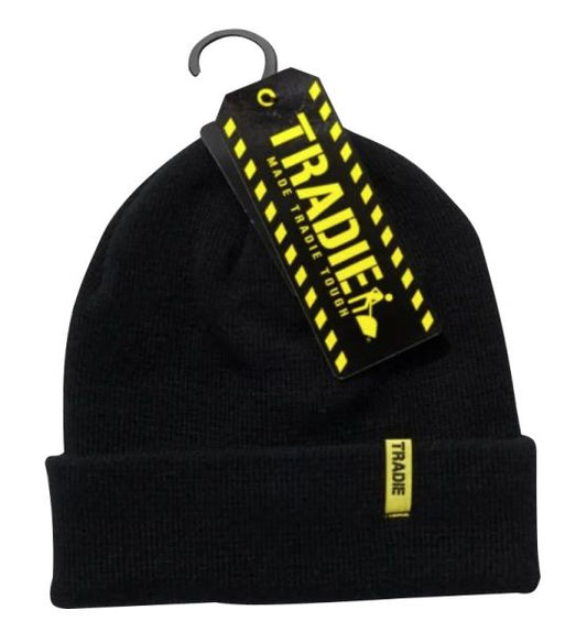 Black Tradie Beanie front view – warm workwear for tradies