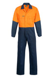 Front view of WC3051 high visibility coveralls in Orange/Navy with metal press studs and safety pockets.