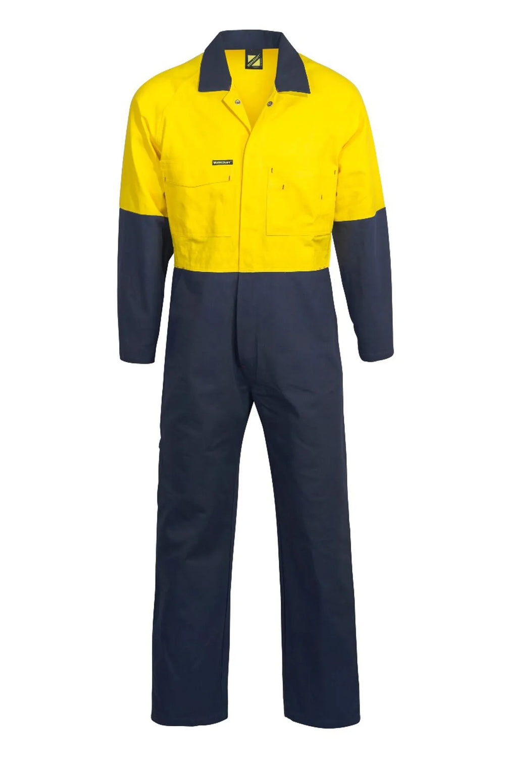 Front view of WC3051 high visibility cotton drill coveralls in Yellow/Navy, showing full-length design and pocket layout.
