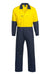 Front view of WC3051 high visibility cotton drill coveralls in Yellow/Navy, showing full-length design and pocket layout.