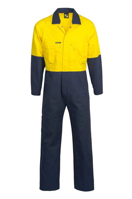 Front view of WC3051 high visibility cotton drill coveralls in Yellow/Navy, showing full-length design and pocket layout.