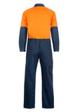 Rear view of WC3051 high visibility cotton drill coveralls in Orange/Navy, featuring reinforced seams and back patch pocket for added durability.