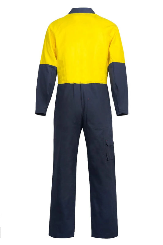 Rear view of WC3051 cotton drill coveralls in Yellow/Navy, highlighting reinforced seams and back pocket.