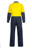 Rear view of WC3051 cotton drill coveralls in Yellow/Navy, highlighting reinforced seams and back pocket.