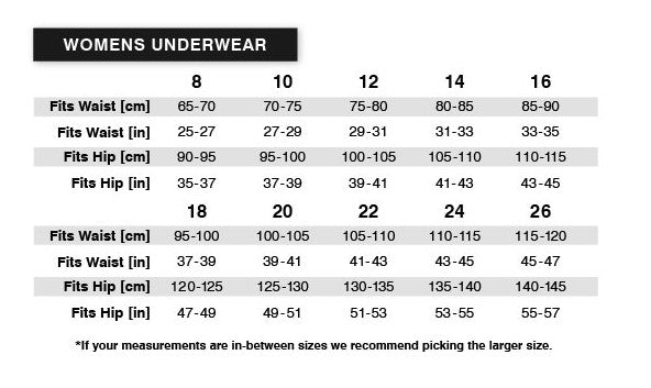 Size chart for Tradie Lady Curve 3 Pack Bikini plus size women’s underwear.