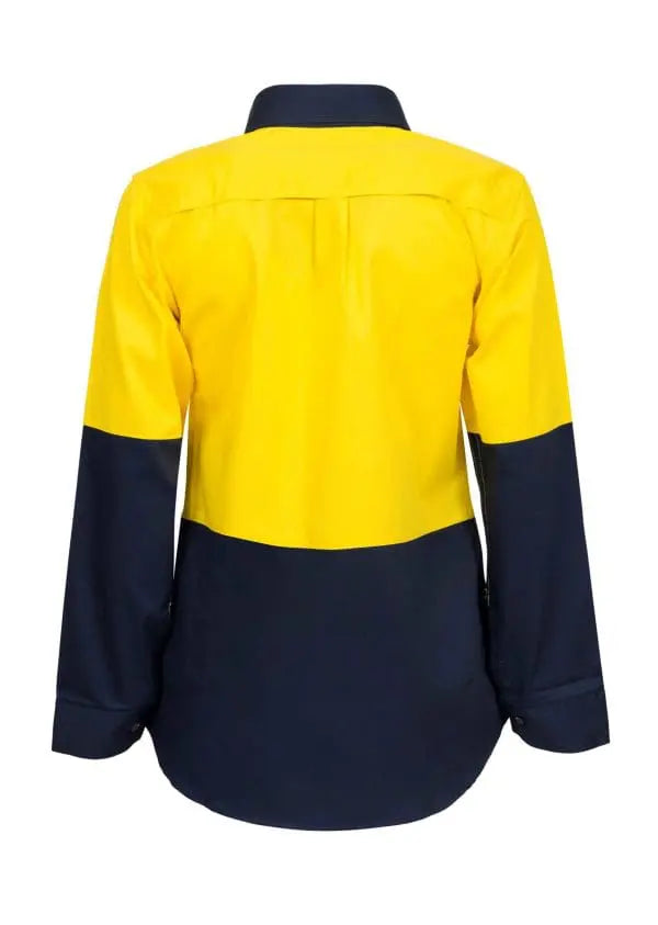 Back view of women's hi-vis shirt showing vented panels for airflow