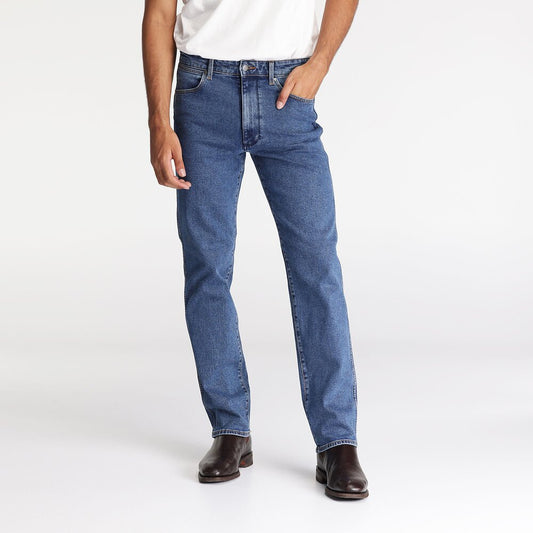 Wrangler Men's Classic Straight Jean - Front view showing straight-leg fit, dark denim wash, button fly, and reinforced belt loops