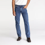 Wrangler Men's Classic Straight Jean - Front view showing straight-leg fit, dark denim wash, button fly, and reinforced belt loops
