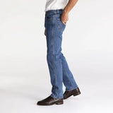 Wrangler straight-leg jeans detail: Heavy-duty denim fabric, contrast stitching, and secure button closure