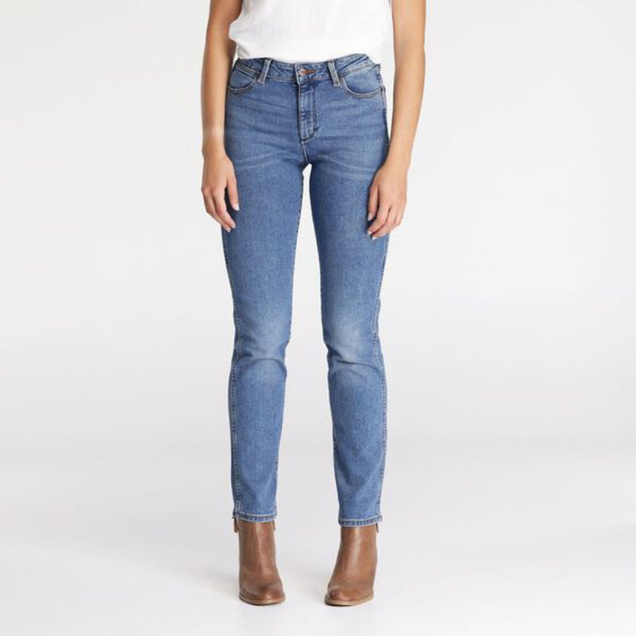 Durable denim texture and button-fly design on Wrangler Women's Straight Jean for everyday comfort.