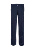 Women's navy mid-weight cargo cotton drill trousers, front view with utility pockets and adjustable waistband.