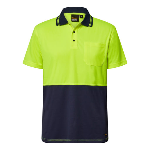 Work Craft Hi-Vis Lightweight Short-Sleeve Micromesh Polo With Pocket-WSP208 Front View in Yellow/Navy